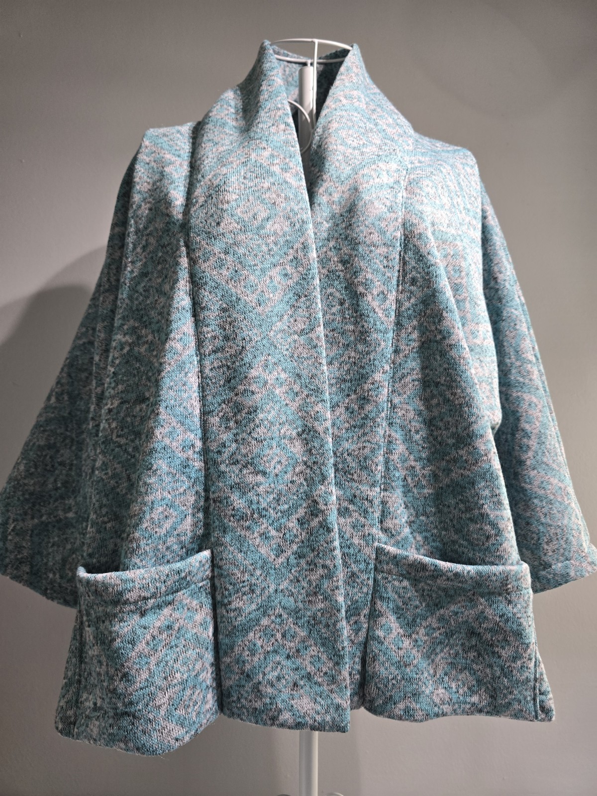 Vintage Handmade Bed Jacket Blazer Cardigan Large XL 3/4 Sleeves Heavy Aqua Gray