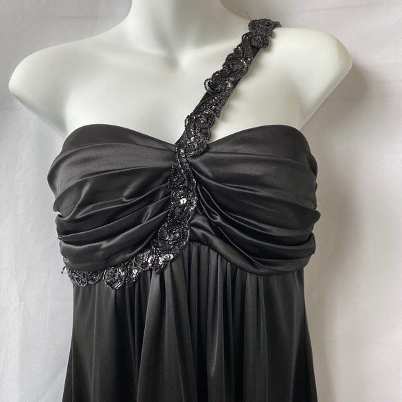 VTG Y2K B. Smart One Shoulder Babydoll Mini Dress 7/8 Black Sequins Strap Party