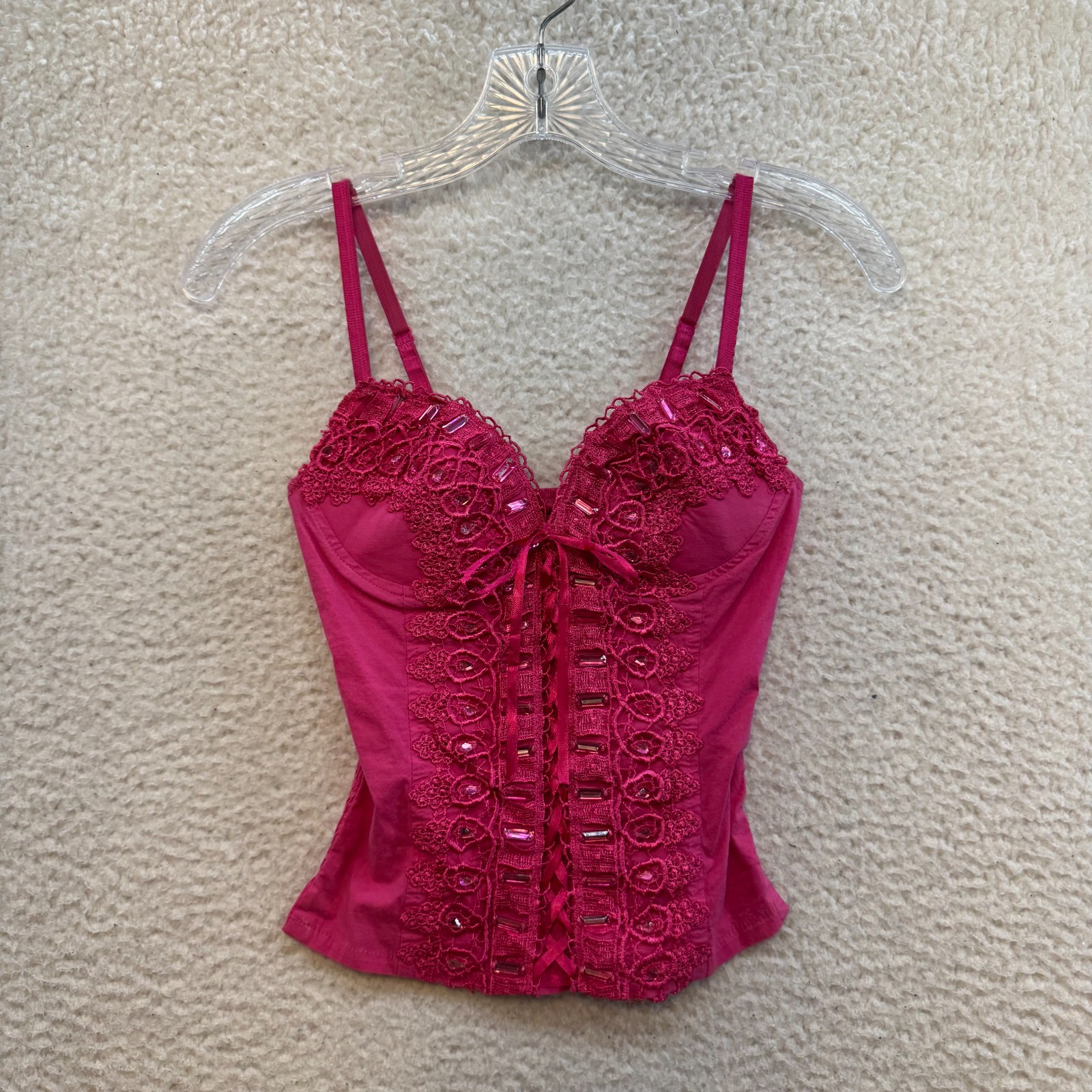 Y2K Vintage Corset Bustier Top XS Small Pink Rhinestone Embroidered Padded
