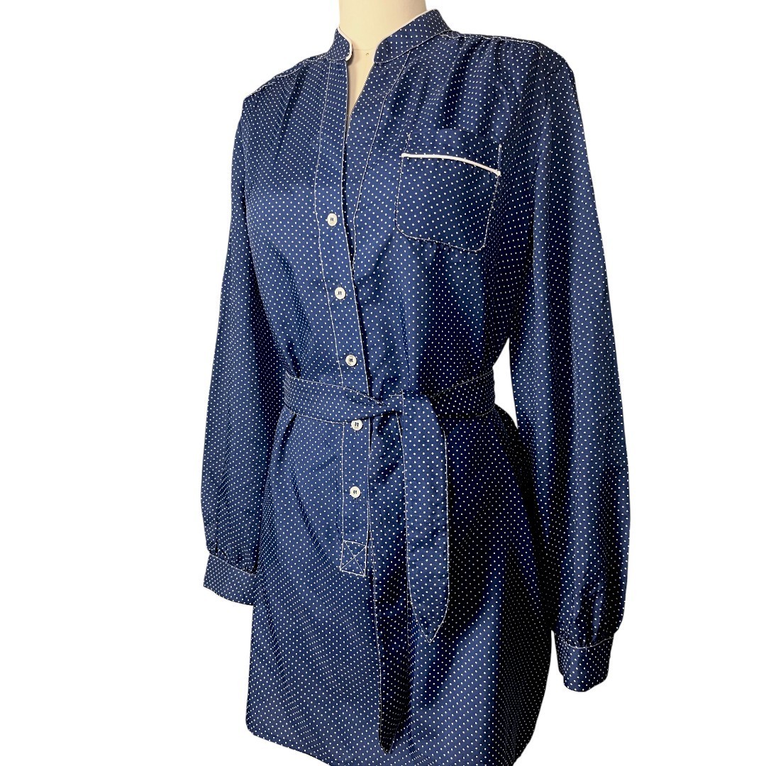 VTG 70s Schrader Sport Long Sleeve Navy & White Mini Polka Dot Half Button Dress