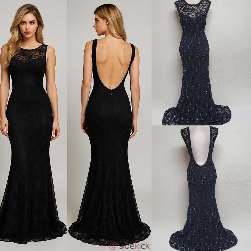 B. Darlin Vintage Sequin Black Lace Sweetheart Neckline Backless Mermaid Dress