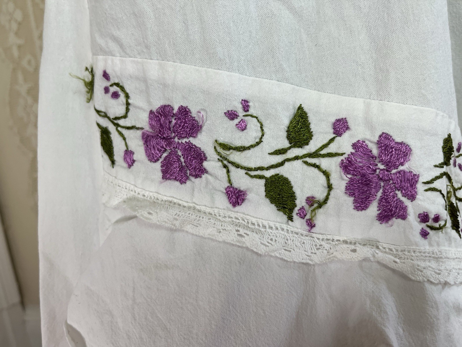 Vintage 1970s Mexican White Cotton Purple Flower Embroidered Halter Dress 70s