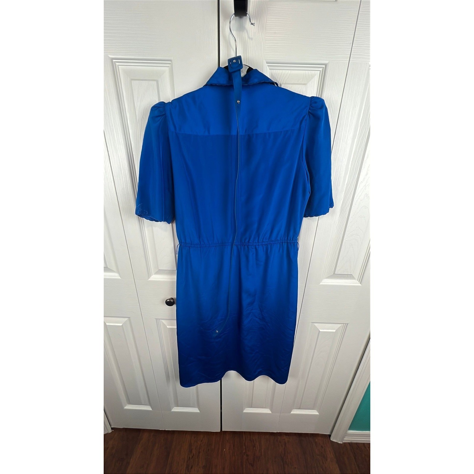 Vintage 80s Electric Blue Secretary Dress Cutout Lace Puff Sleeve XS/4 New Wave