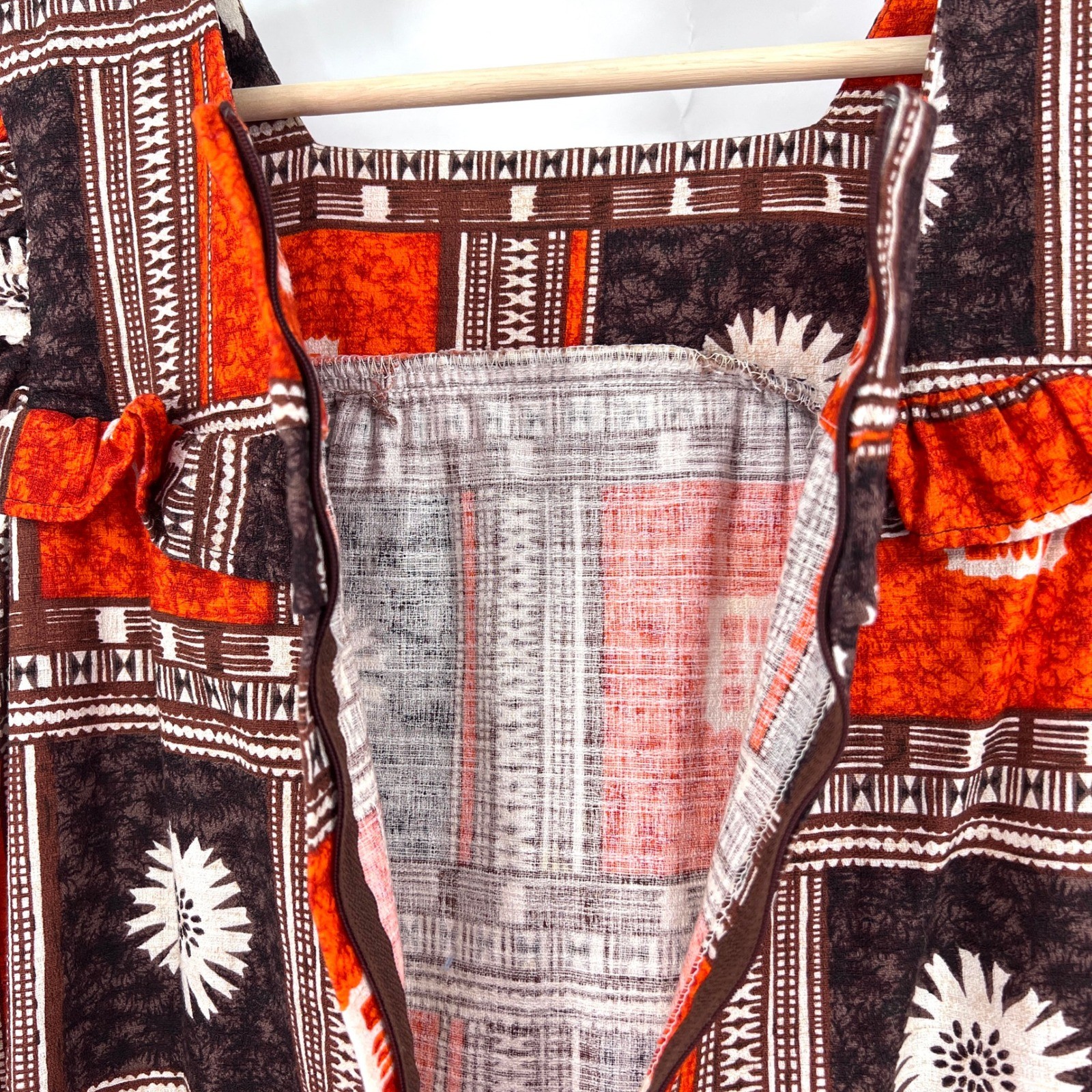 Vintage 1970s Tapa Designs Hawaiian Maxi Dress Ruffle Tapa Print tiki luau