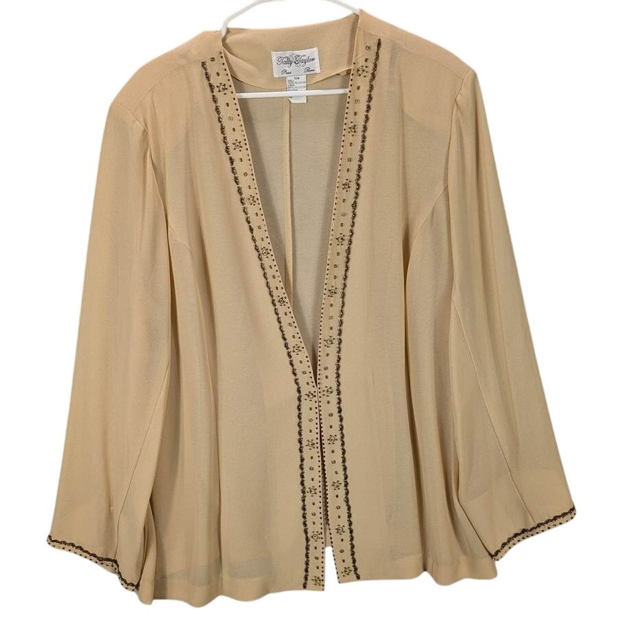 Vintage Sheer Cardigan Womens 18W Tan Jacket Long Sleeve Beaded Boho 1980s