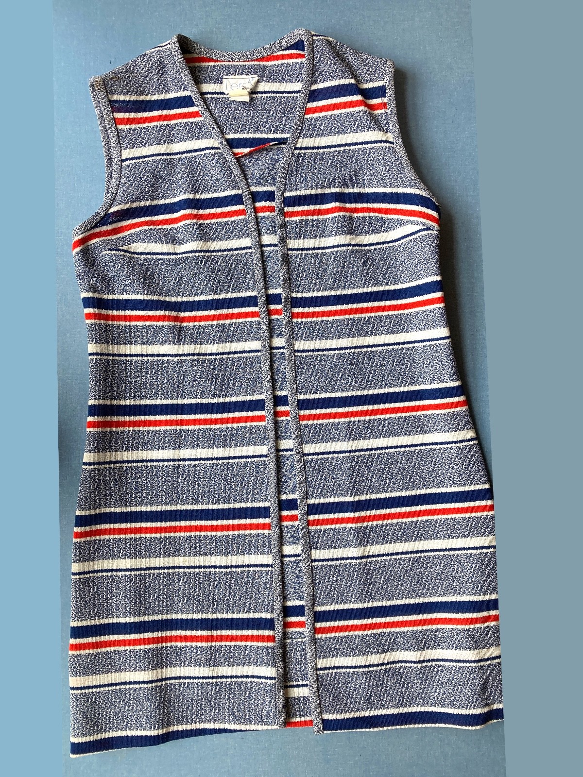 70s Maxi Sleeveless Vintage Vest, Blue Striped, Small, 40″ Chest