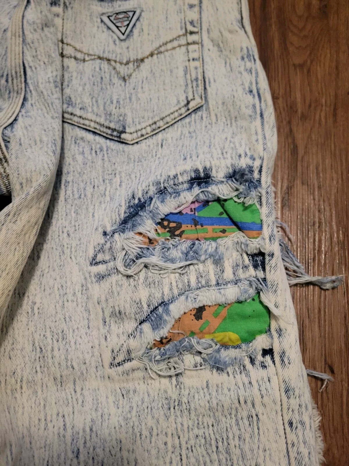 Vintage 90s Acid Stonewashed Jeans Speed Denim Sz 11/12 Frayed Patch Stretch 80s