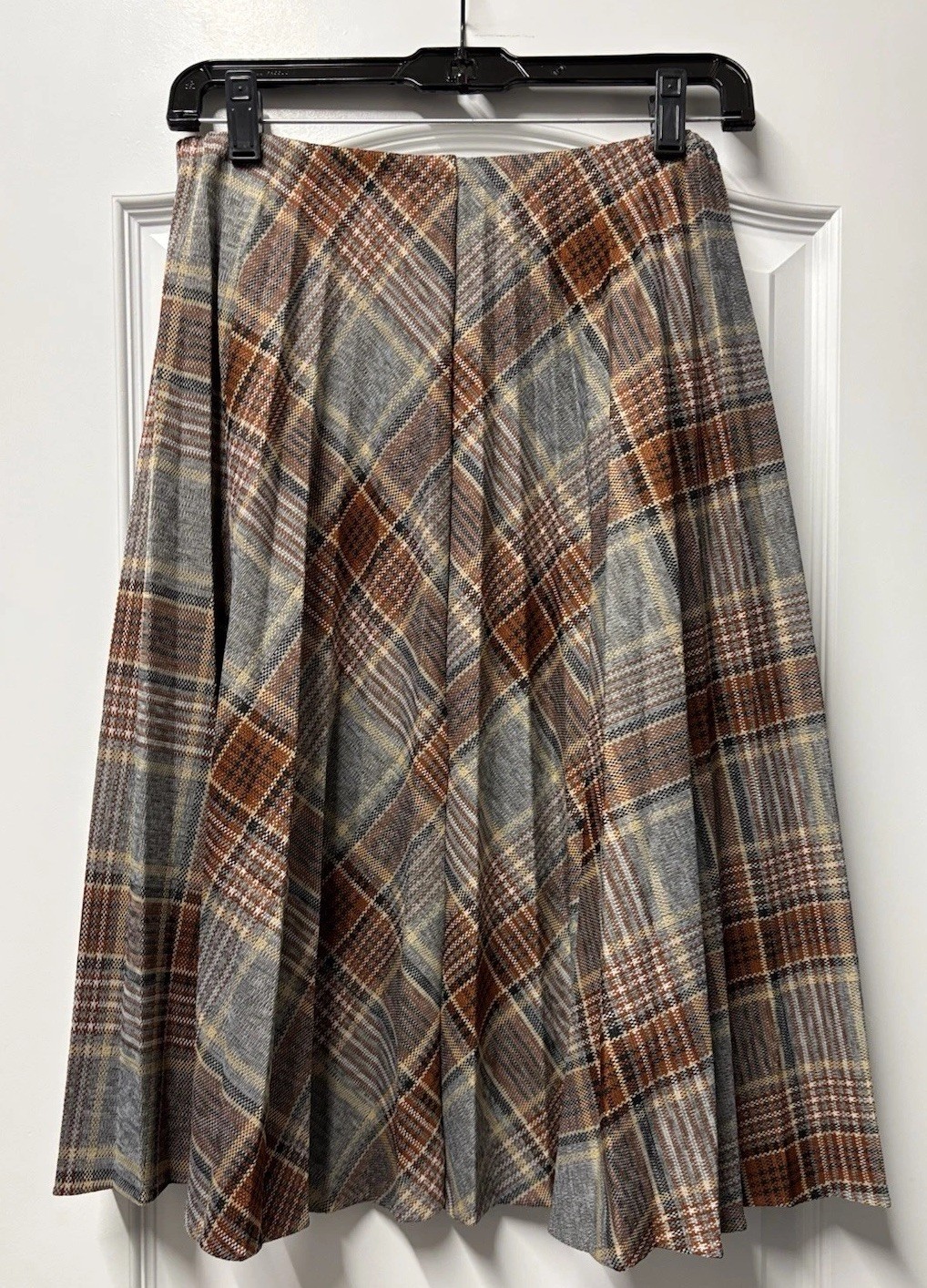 Vintage Pleated Checked Skirt Brown Grey Polyester Academia Classic Size 10 EUC