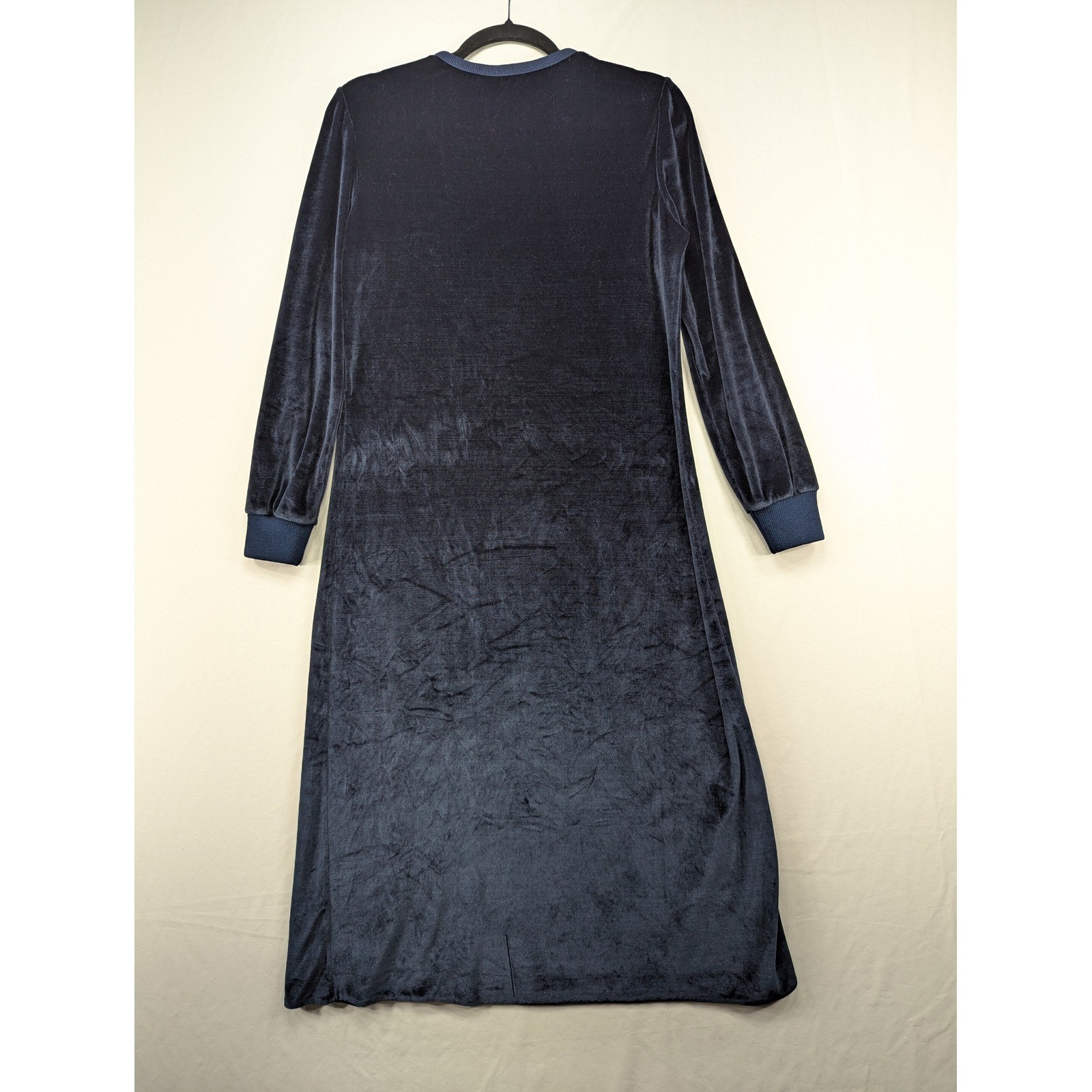 Vintage Butte Navy Blue Velour Midi Dress Long Sleeve Button Shoulder Retro S