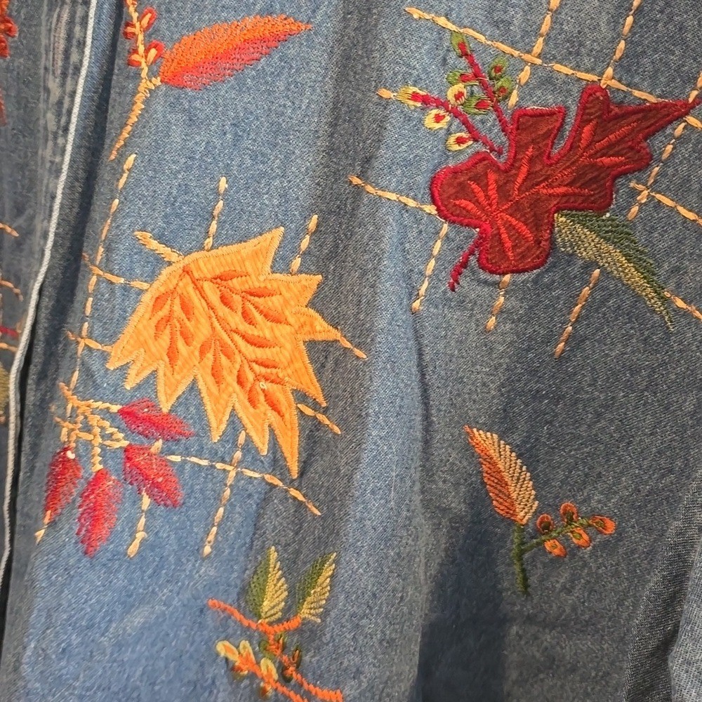 Vintage Dress Barn Denim Shirt Womens 3X Embroidered Leaves Boho Western Fall