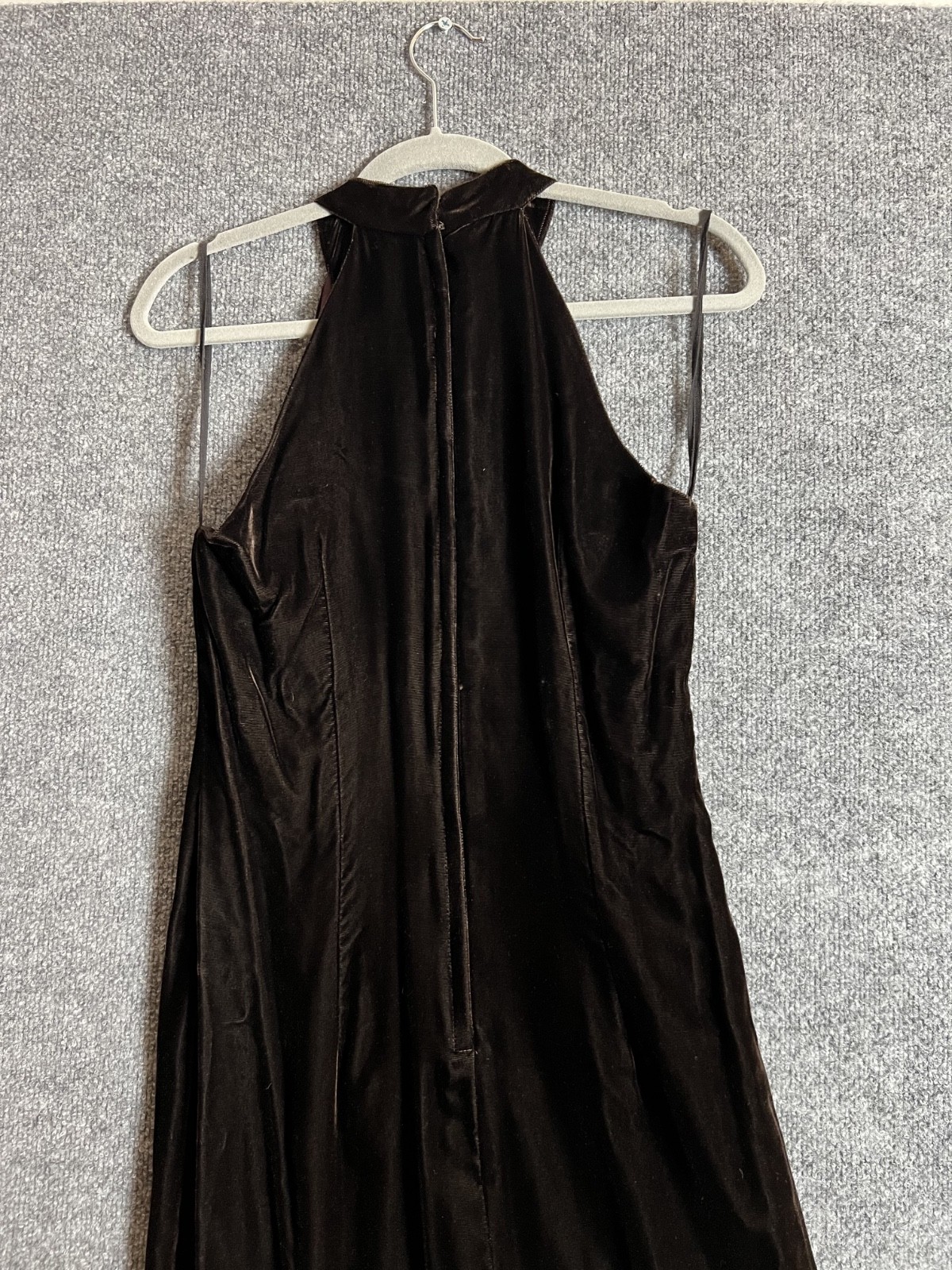Womens Dress Chocolate Brown Velvet Long Keyhole Front Slit Gown Sz 9/10 VTG 80s