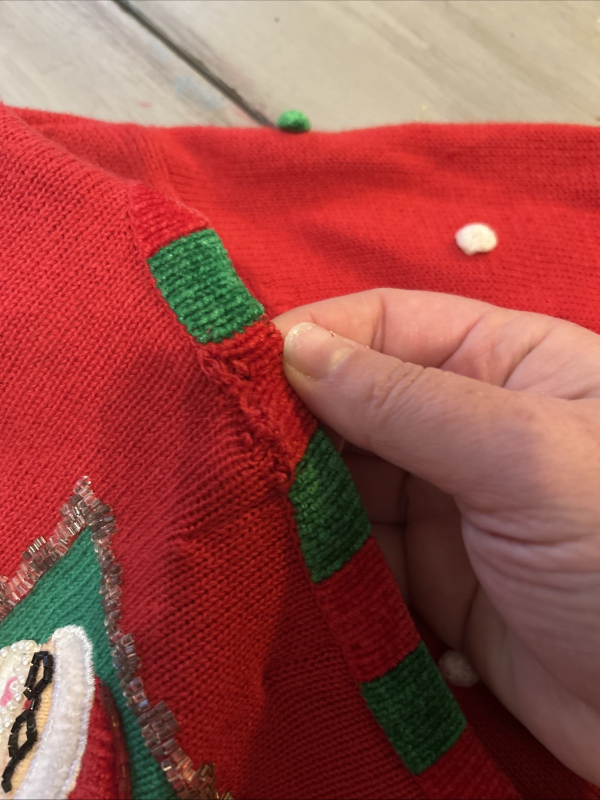 Berek Red Green Christmas Santa Reindeer Gift Tags Beaded Pom Poms Cardigan Sz M