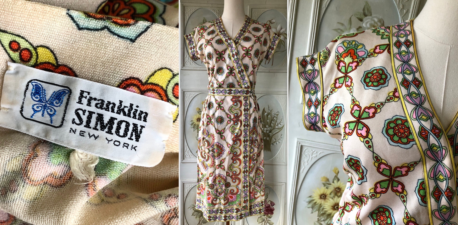 VTG 60s FRANKLIN SIMON NY WRAP DRESS STAINED GLASS PRINT BRIGHT MULTICOLOR EUC