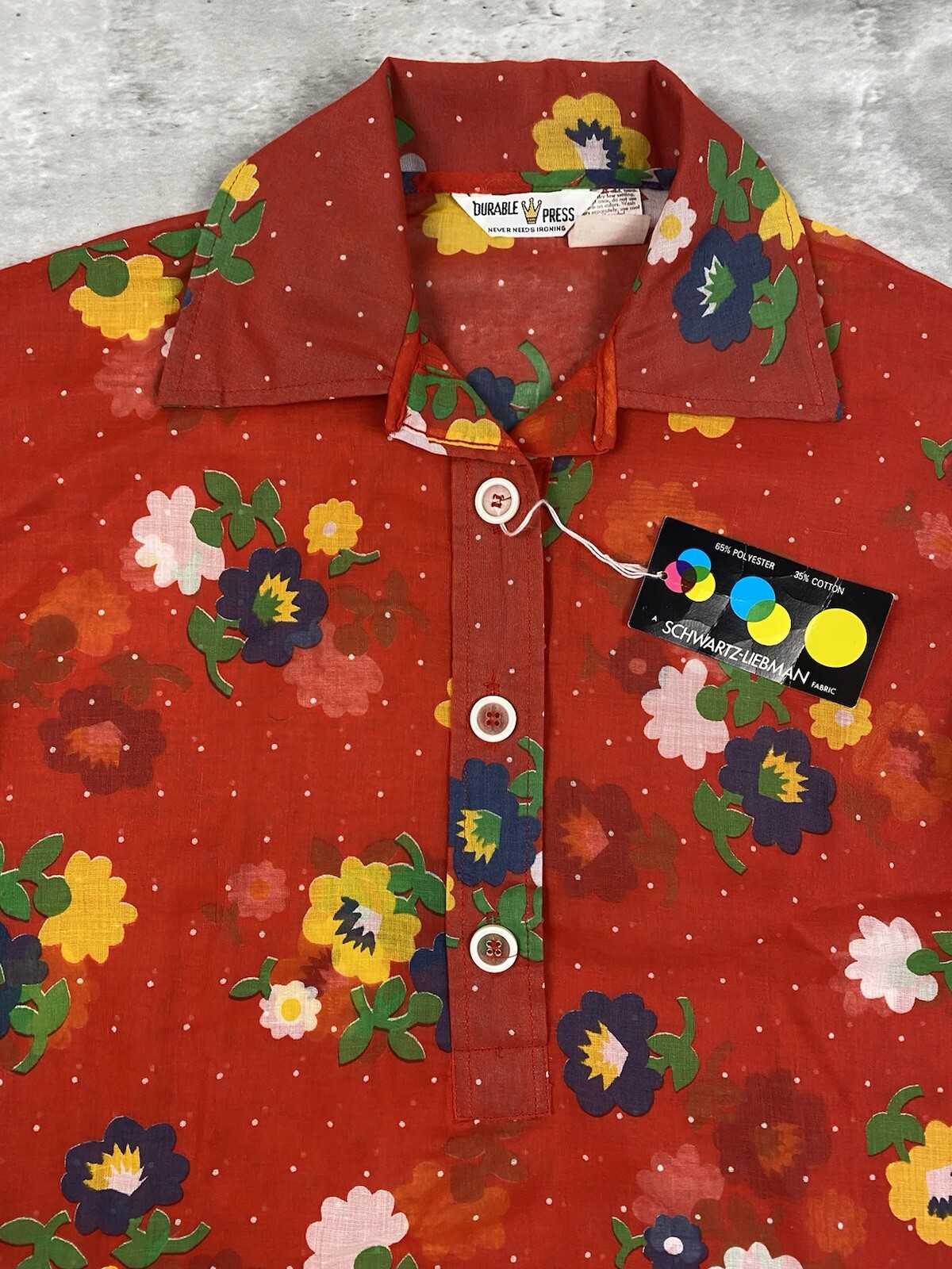 vintage 70s DURABLE PRESS BLOUSE TOP FLORAL POLKA DOT SHEER PULLOVER AOP