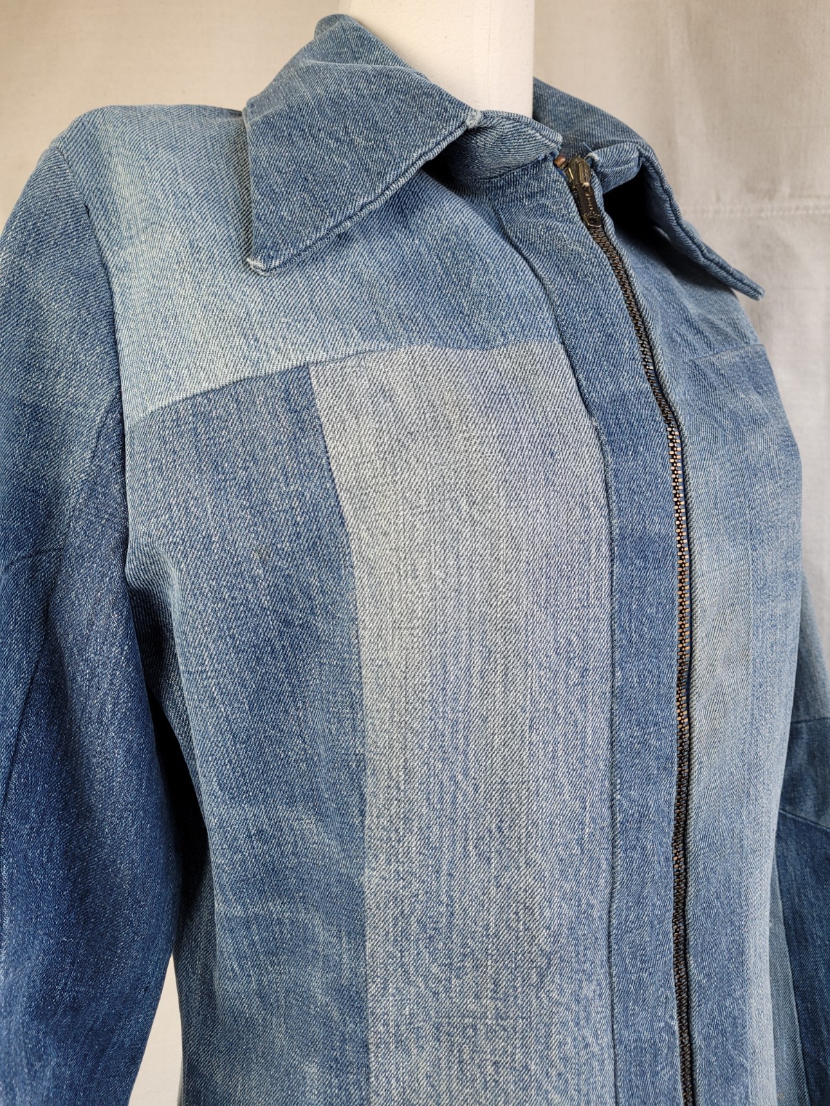1970s Patchwork hand sewn wide collared denim zipper front jacket