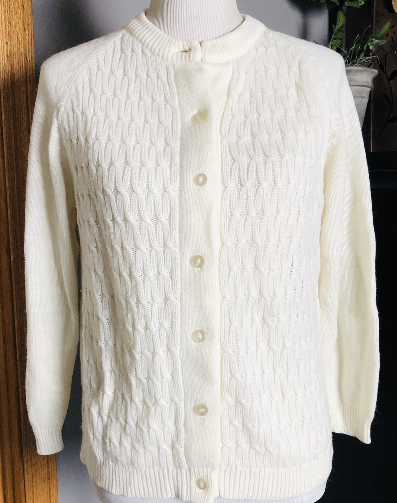 Vtg 90s Handmade Textured Knit Cardigan Women’s M White Buttons Coastal Cottage