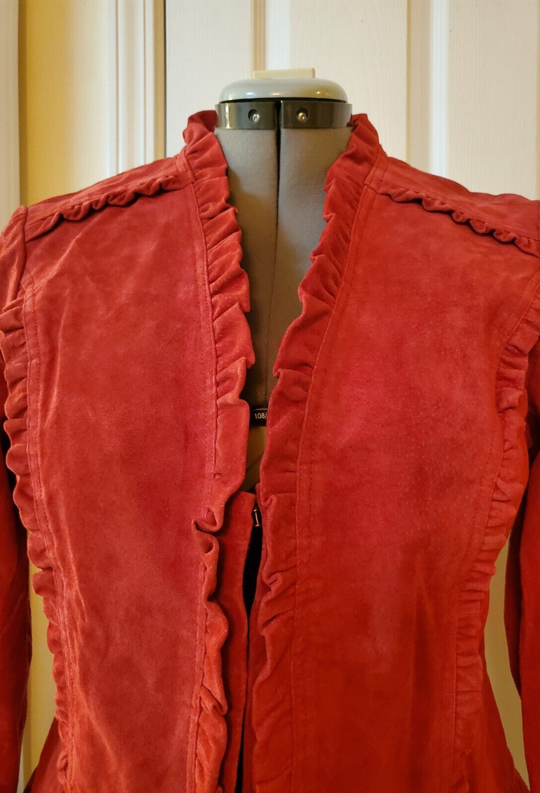 Vintage Prosper & Devine Red 100% Leather Jacket Ruffles Hooks & Eye Large