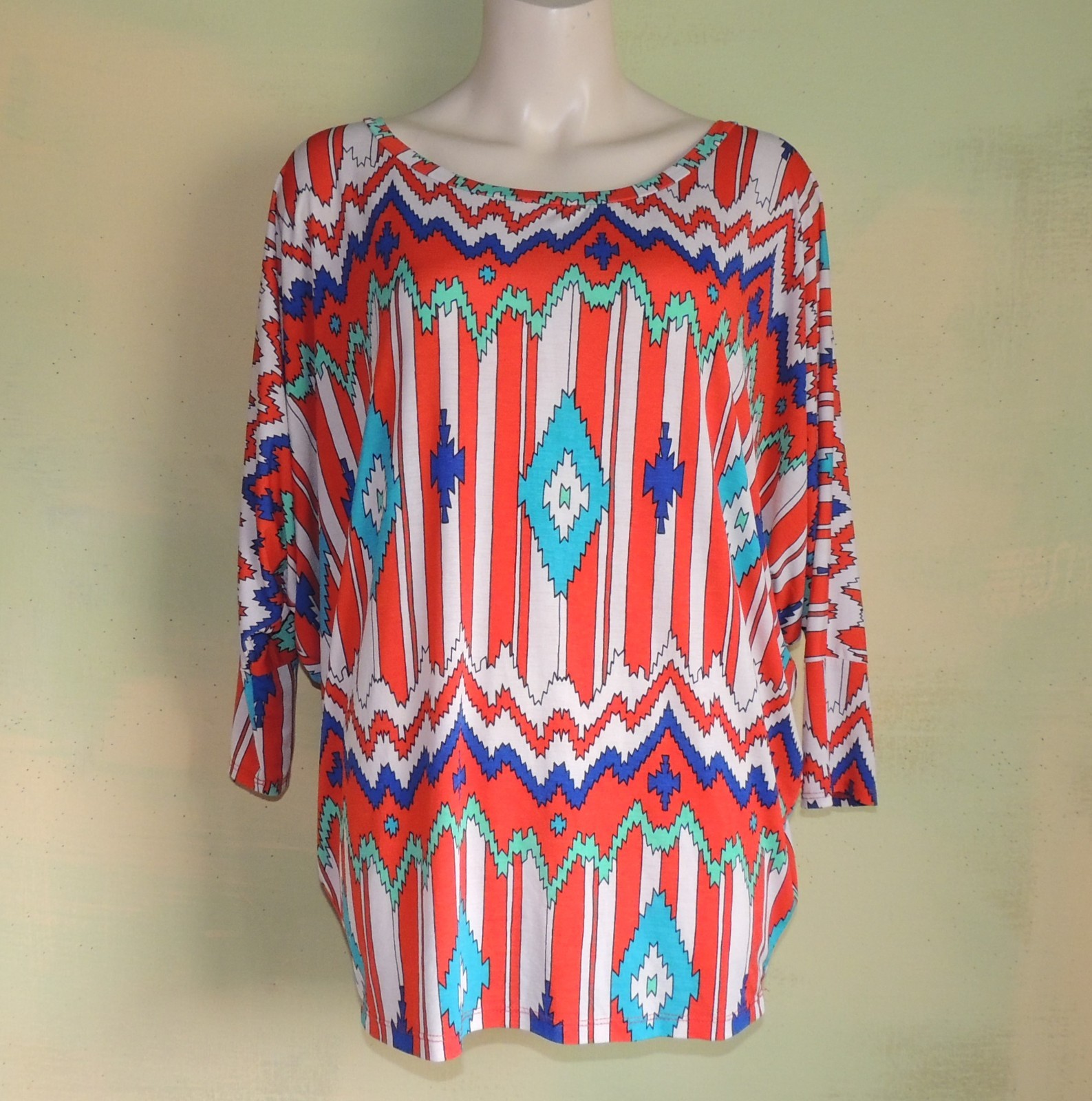 Vintage 80s Batwing Top: Tribal Print, Disco Party Shirt