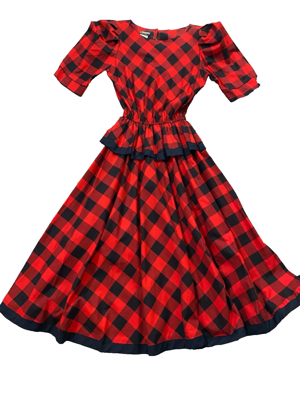 Choon Vtg Womens 7/8 Plaid Peplum Below Knee 70s Puff Sleeve Dress A-Line