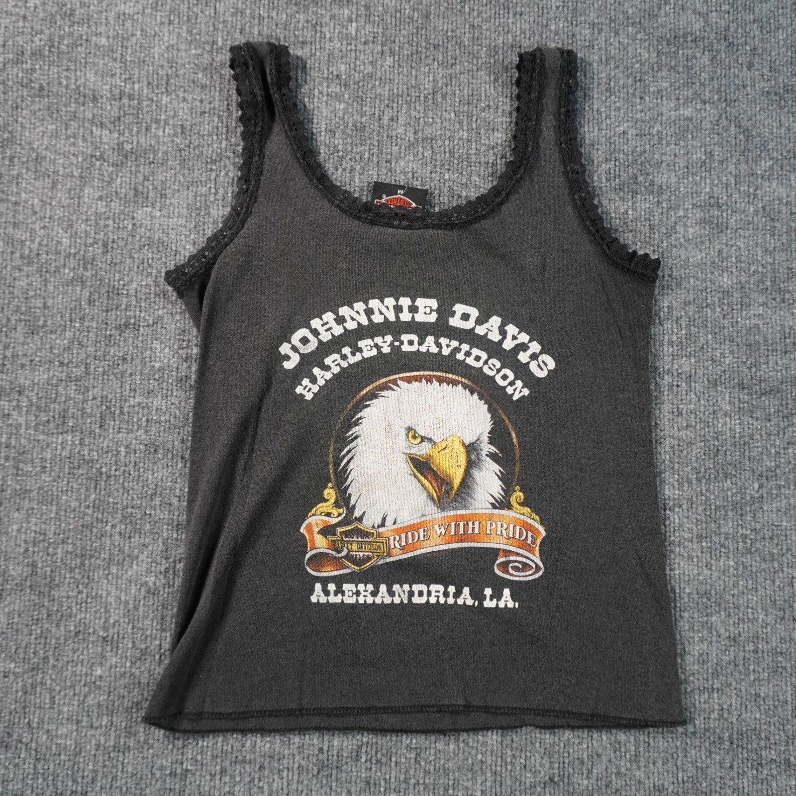 Harley-Davidson Tank Top Womens S Black 1990 3D Emblem Dreamcatcher Lace Trim