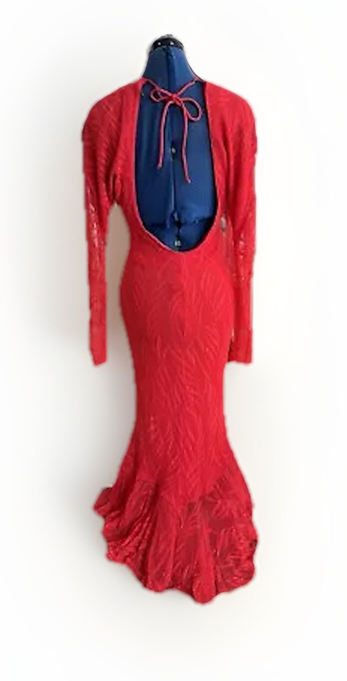 Vintage 80s Climax Karen Okada David Howard Red Lace Mermaid Keyhole Dress FLAWS