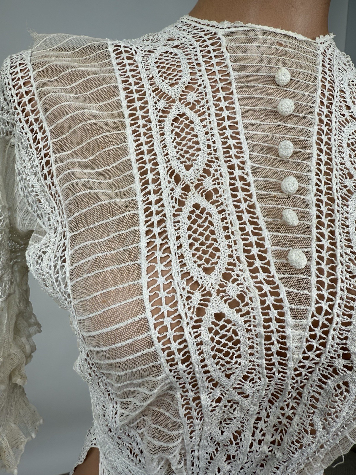 Antique Edwardian White Silk Net Cotton Crochet Blouse Ruffles Wounded BirdAS IS