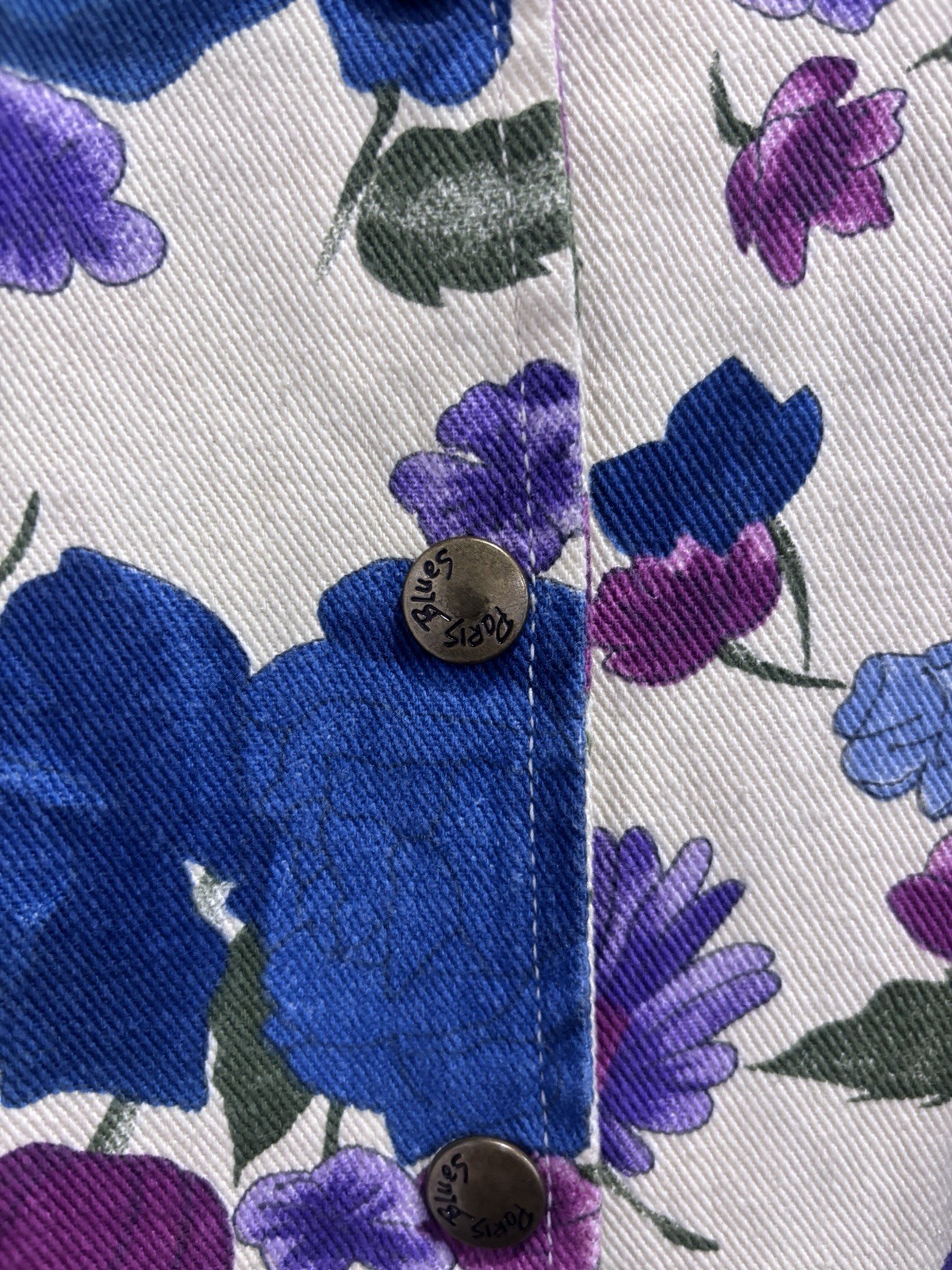 Vintage 90s Paris Blues Floral Denim Dress Size 5 Blue Purple Roses Cottagecore