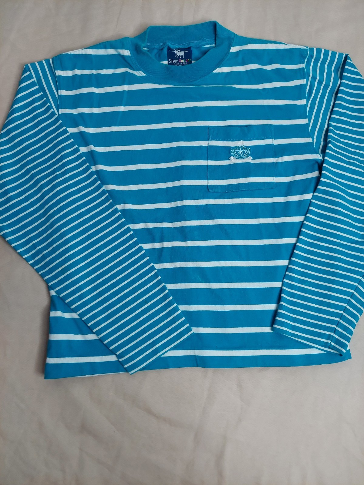 Vintage 90s Striped Crop Top Teal Blue White Baby Tee Preppy Coastal Y2K Shirt S