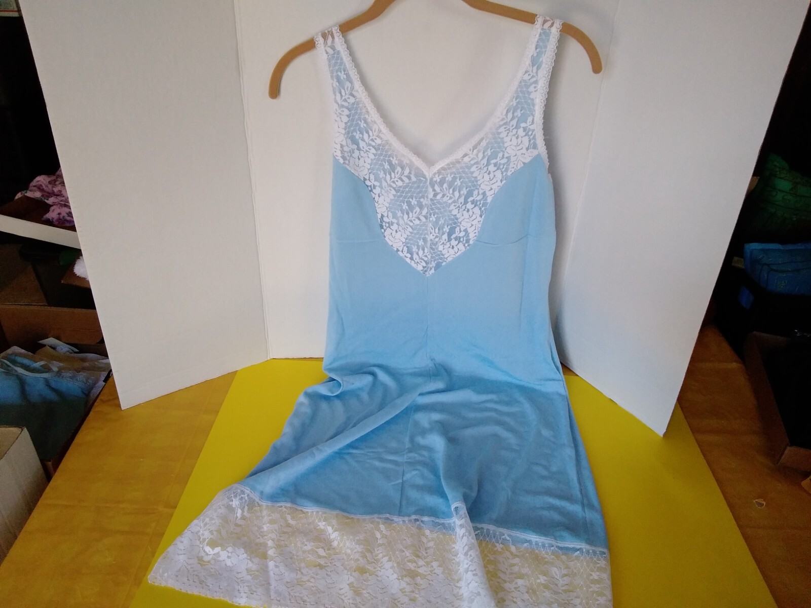 Womans Vintage Full Slip Dress Chemise European M-L Blue Lace Bodice