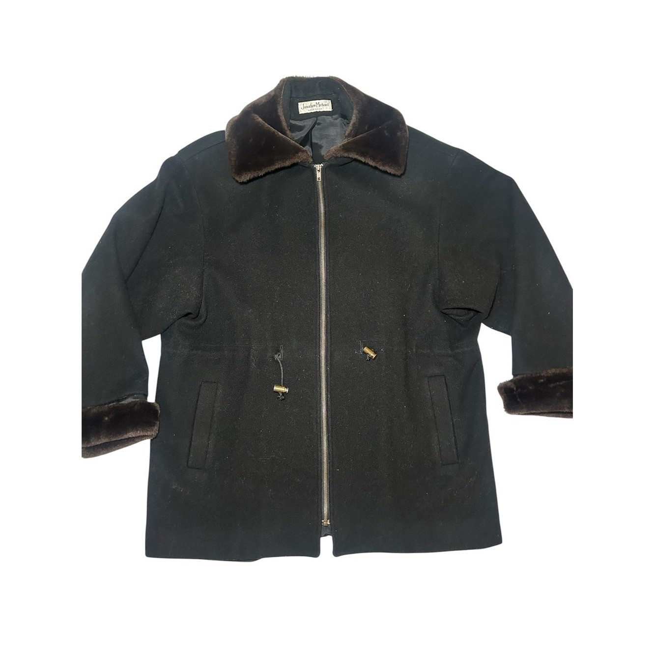 Jonathan Michael Vintage Black Zip Front Coat with Brown Faux Fur Trim