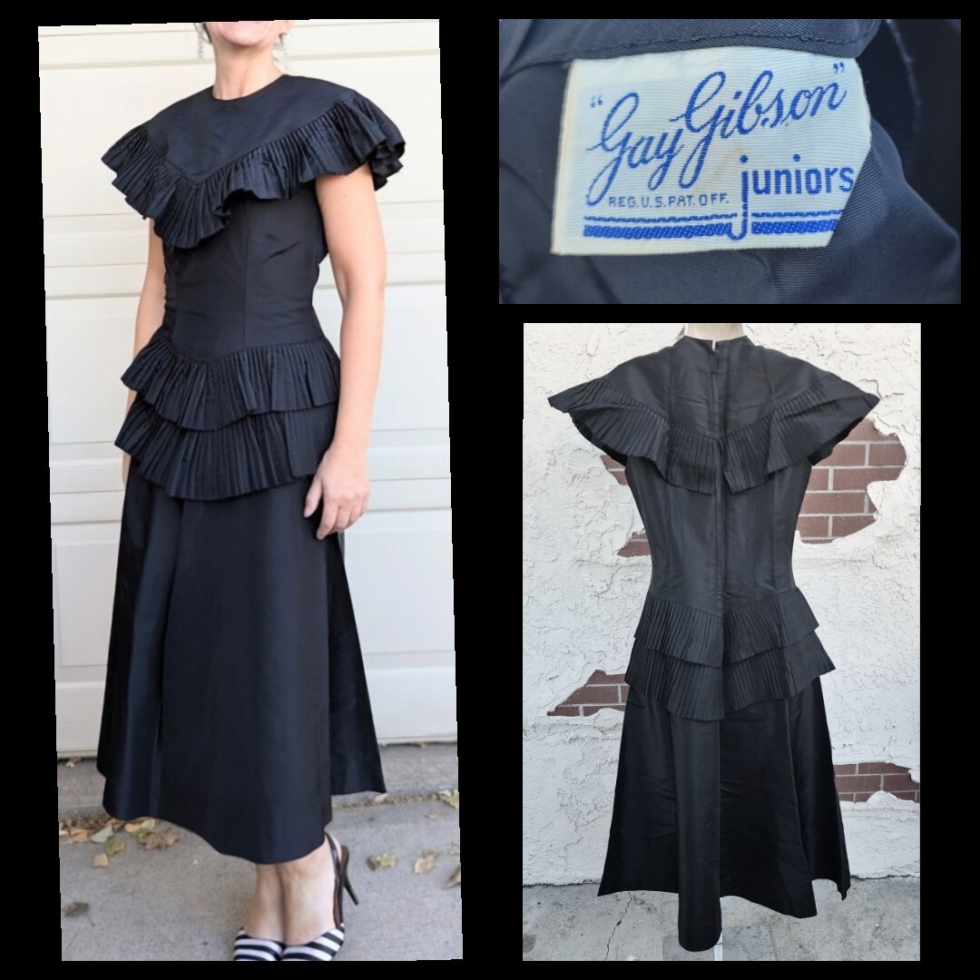 1940s junior’s women 13 GAY GIBSON taffeta vintage dress black pleated midi