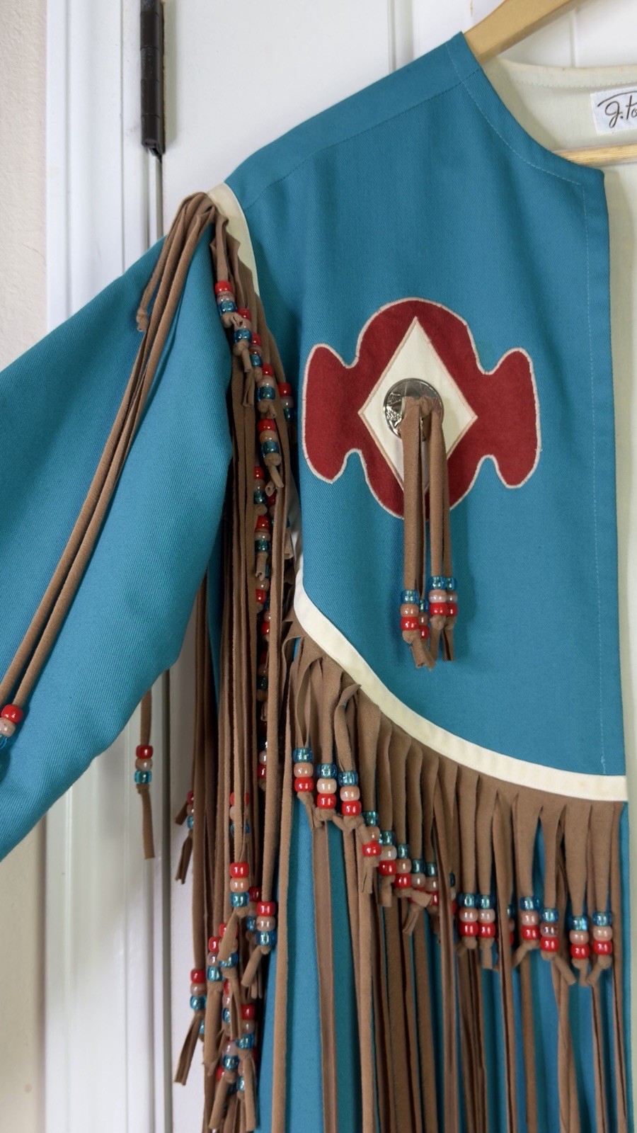 Vintage Handmade Long Duster Coat Native Appliqué Design Beaded Fringe Southwest