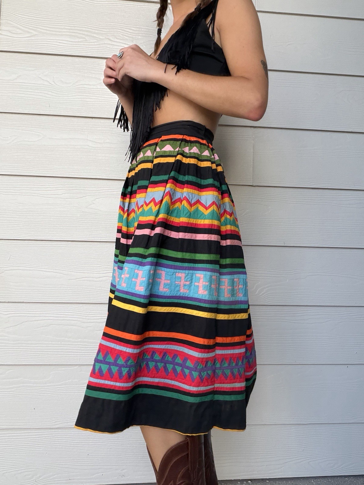 Vintage 40s 50s Colorful Native American Seminole Midi Skirt Side Metal Zip XS
