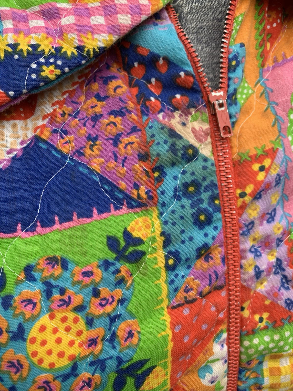 Vintage 1970s Patchwork Robe House Coat Cheater Quilt Psychedelic Funky Retro
