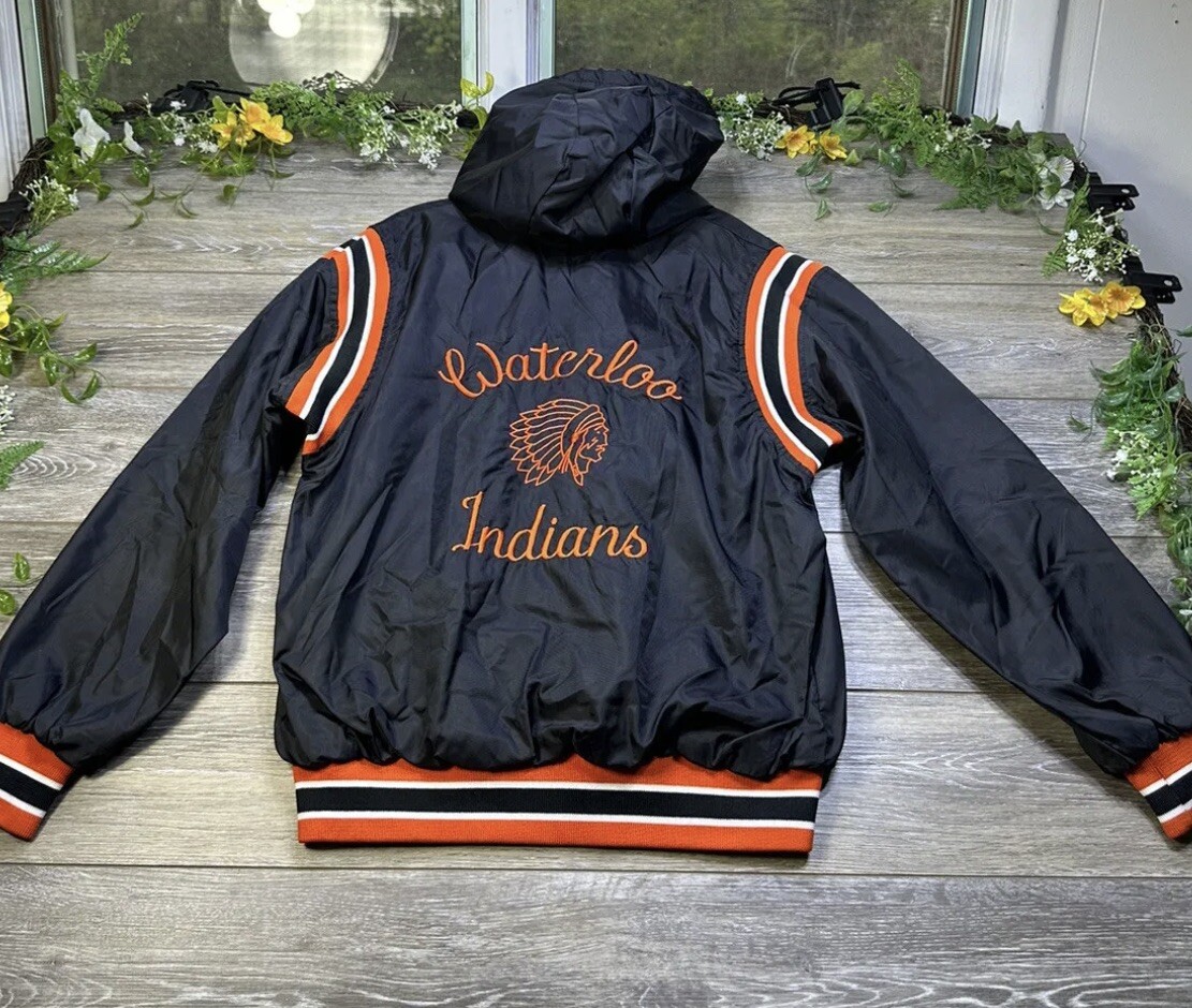Waterloo Indians High School Satin Varsity Jacket Hooded Medium Vintage USA Made