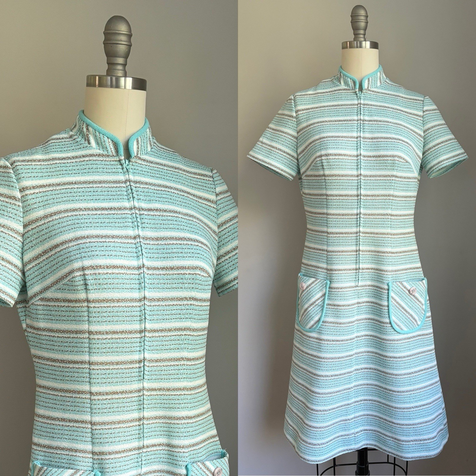 Vintage 1960’s Aqua Blue Zip Up Polyester Knit Striped Dress w/ pockets XS/S