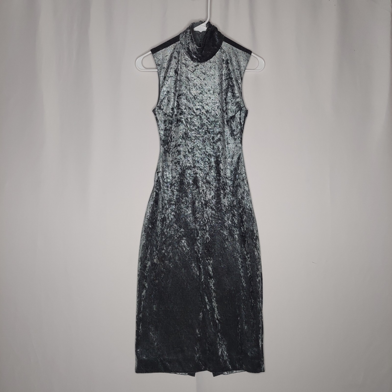 De Laru Sheila Yen Velvet Open-Back Midi Dress Jr 3/5 Gray Sheath 90s Formal