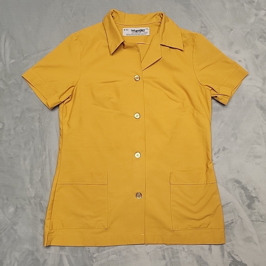 VTG Wrangler Shirt Womens Medium Yellow Uniform Short Sleeve Top Made In USA