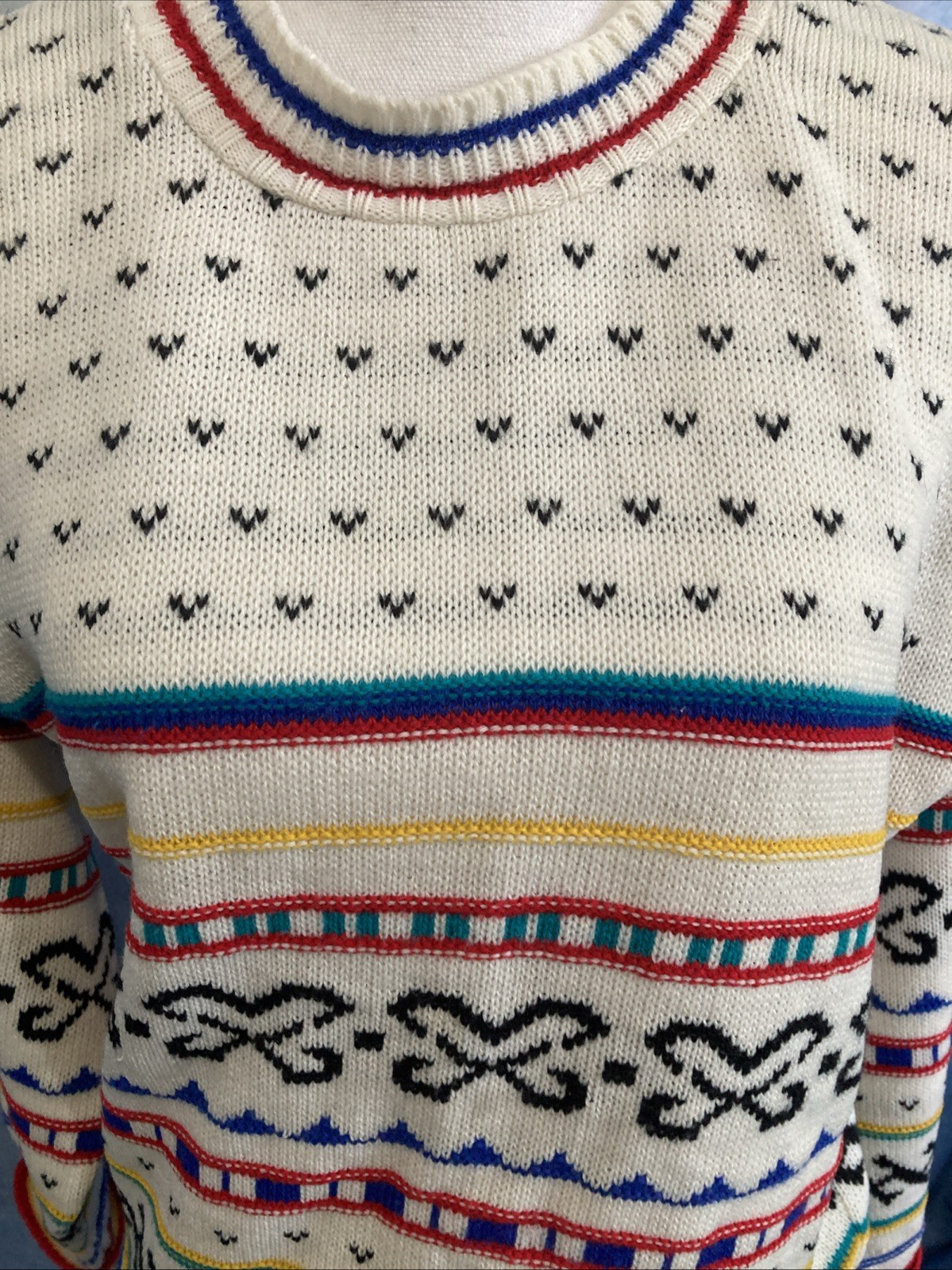 Vtg 80s Beldoch Popper Abstract Geometric Sweater USA-Made Bright Colorful S/M