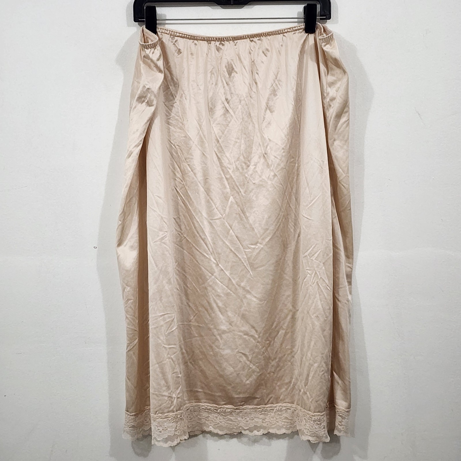 Vintage Beige Satin Nylon Lace Trim Knee-length Slip Skirt Elastic Plus 26/28W