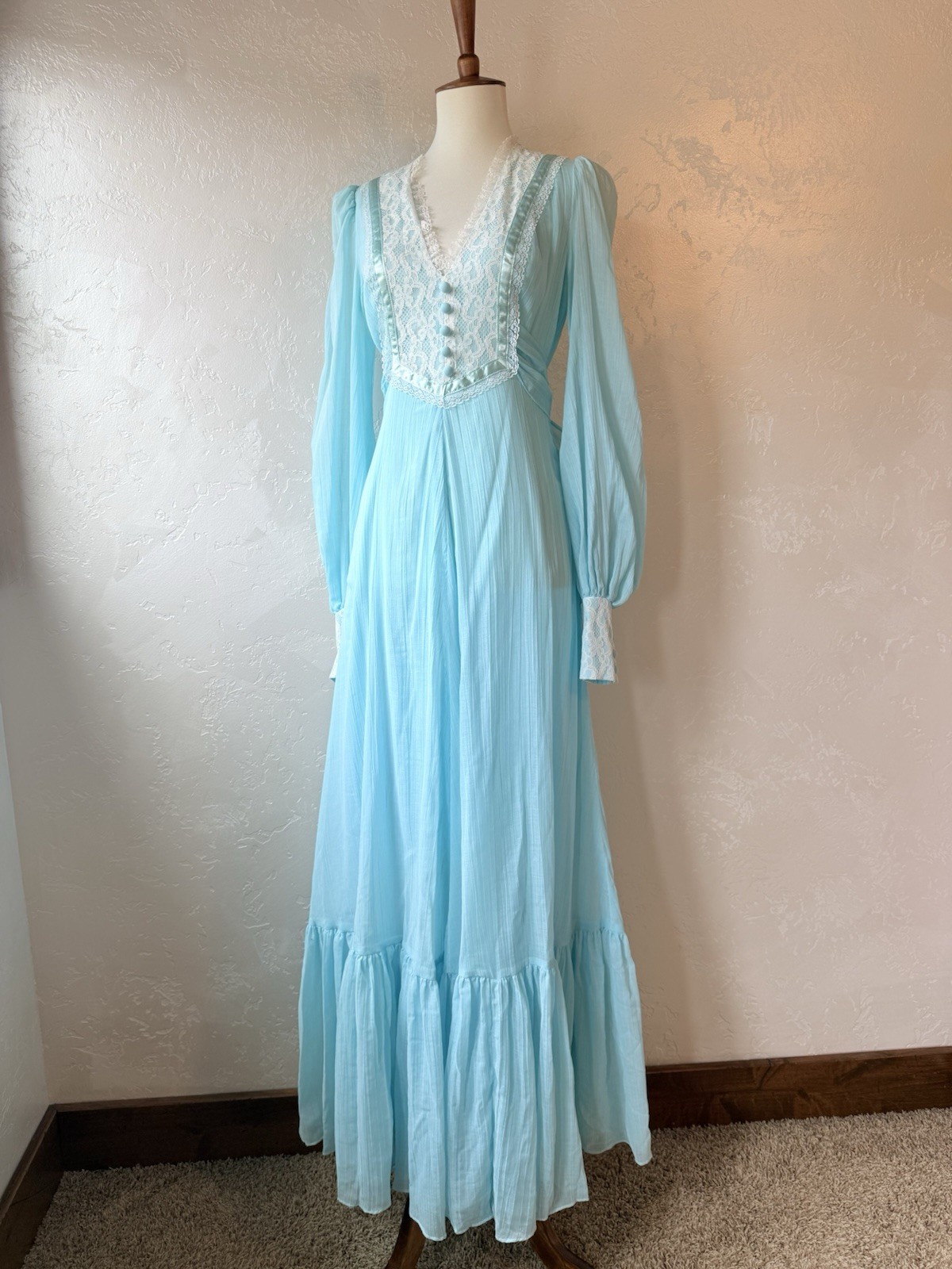 Vintage 1970s Robin’s Egg Blue Prairie Maxi Dress Small Cottagecore Gunne Style