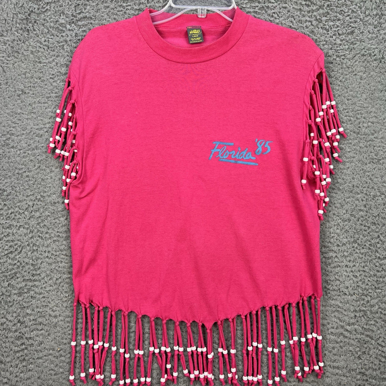 Vtg 1985 Florida Destination Shirt Women’s Large Pink Beaded Retro Beach Casual