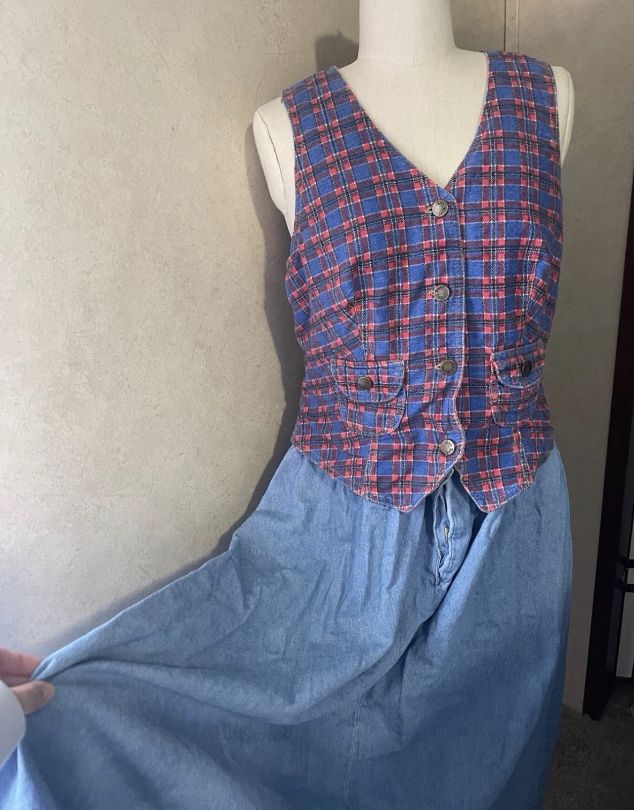Vintage Paris Blues y2k denim plaid dress size 13 fits Large 1990s Made in USA