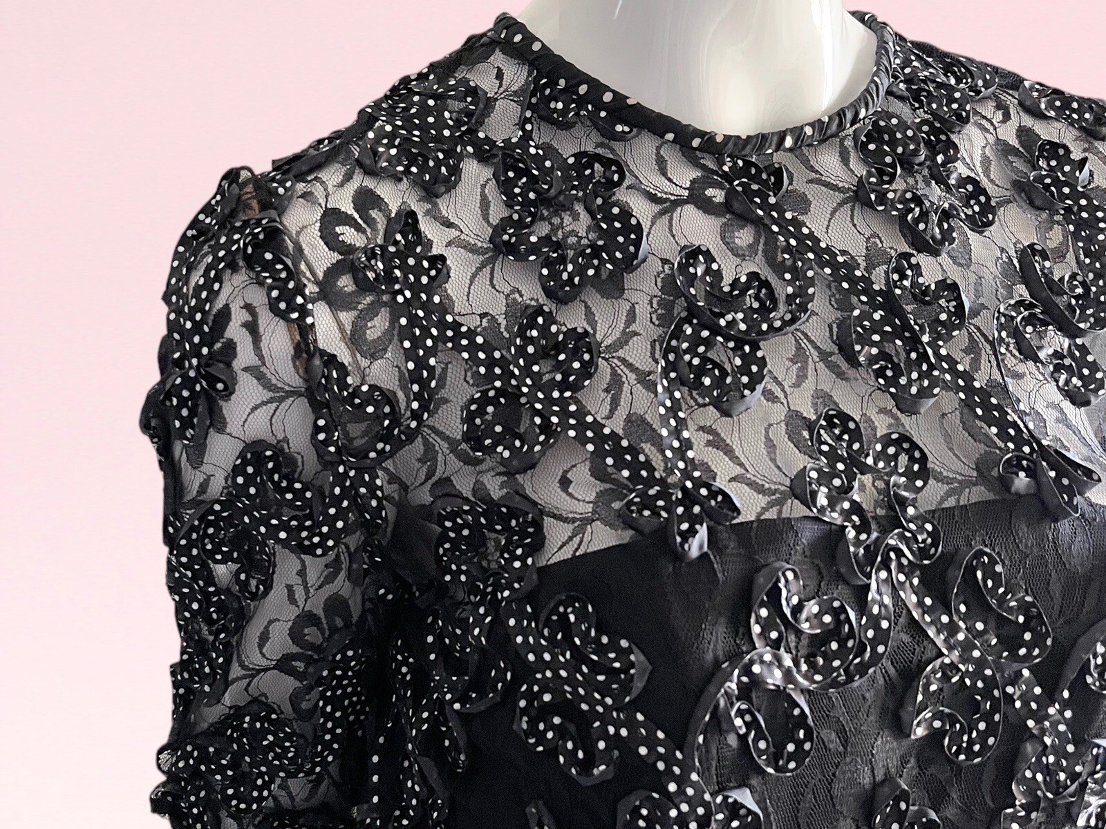 1980s Vintage Stanley Platos Designer Lace Ribbon Pleated Cocktail Party Dress S