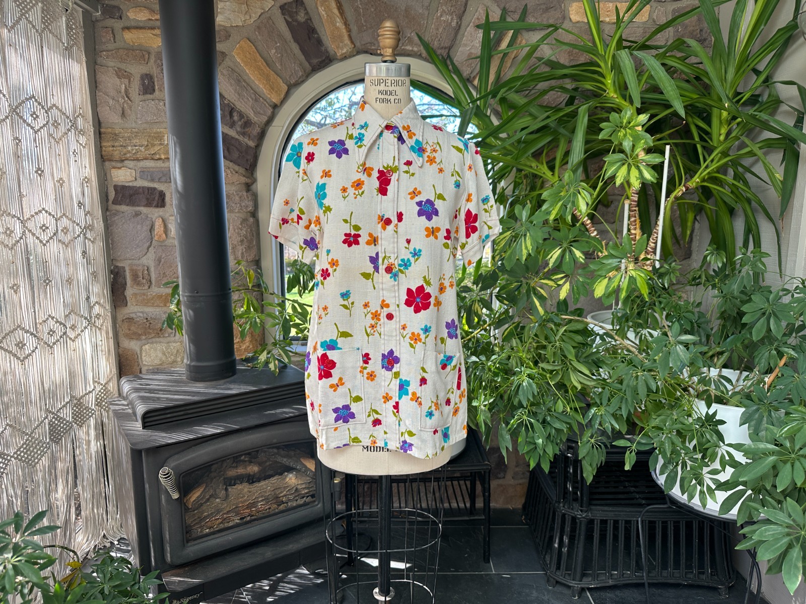 Vintage 1970s Floral Butterfly Print Rayon Silk Linen Look Shirt