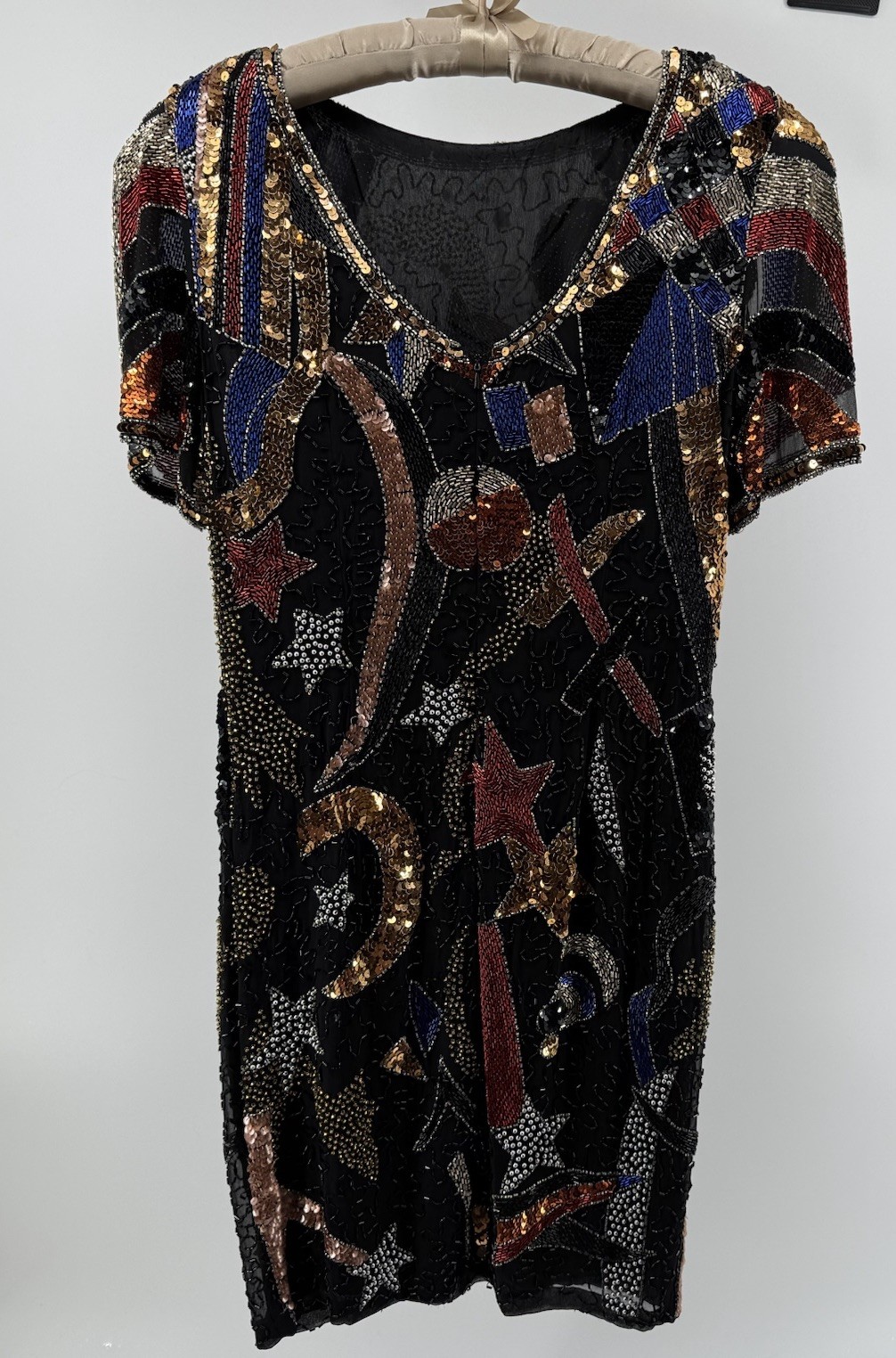 Night Line Laurence Kazar Beaded Sequin Dress 12 VTG 80’s Silk Celestial Art