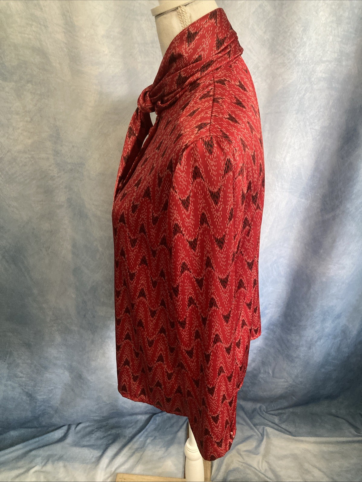 VTG 70s Weathervane Secretary Blouse Asymmetric Button Red Ikat Chevron Tie Neck