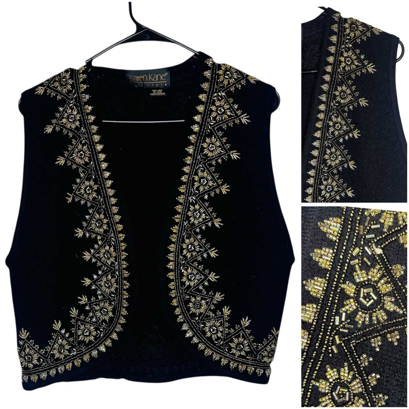 Black Wool Women Vintage Vest w/ Bronze & Silver Embroidered Beading