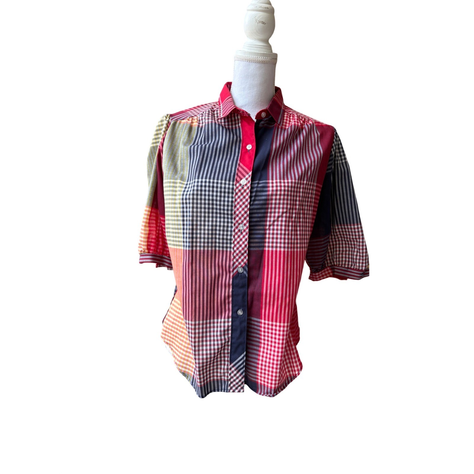 Cheryl Tiegs Vintage 80s Patchwork Plaid Button Down Shirt Red Multi Women’s Med
