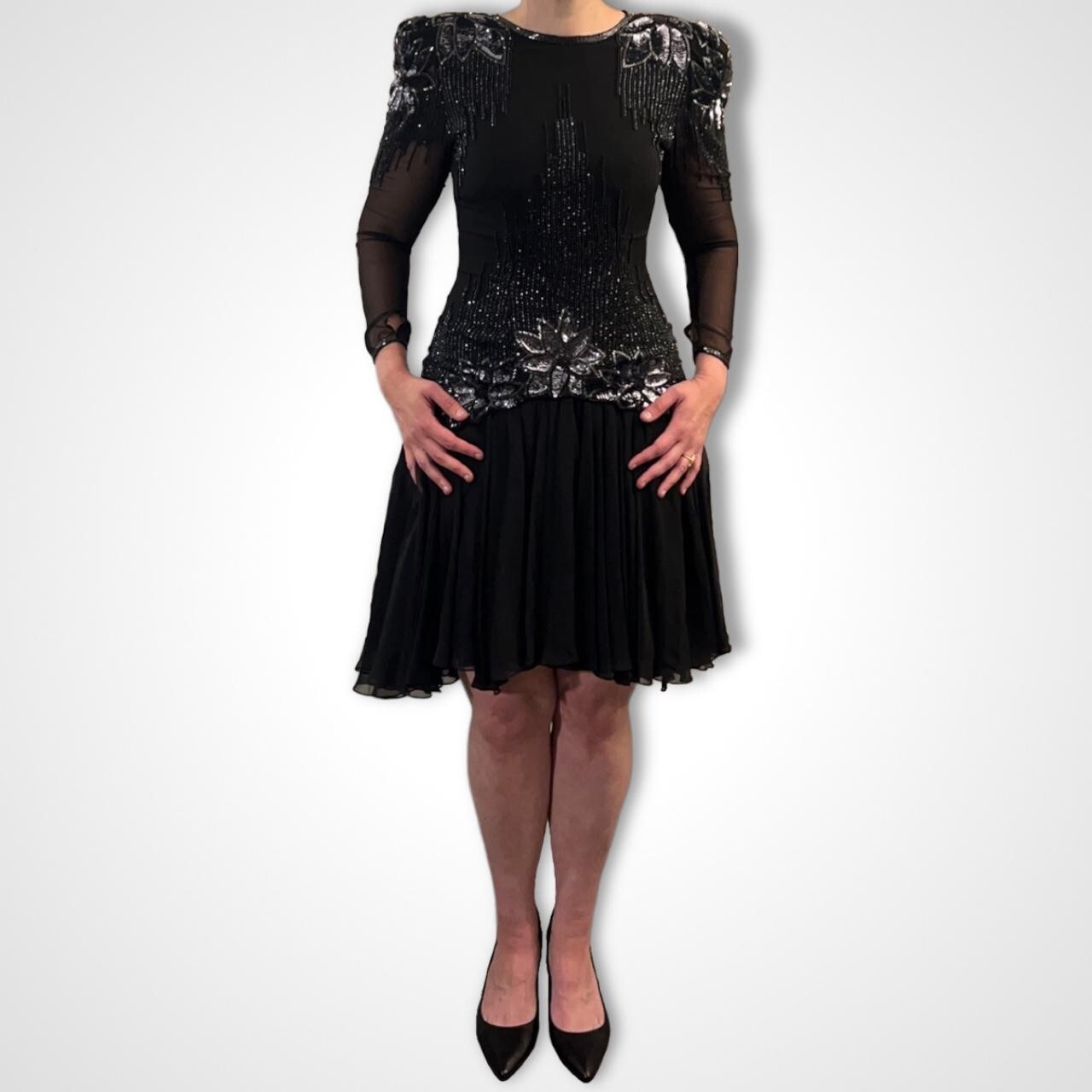 Sequined Beaded Vintage 90s Drop Waist Black Silver Floral Dress Gatsby 20s Para